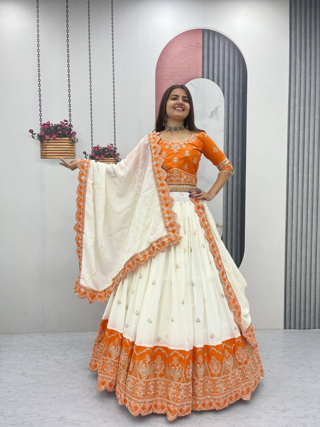 Orange chinon heavy embroidery lehenga choli with dupatta