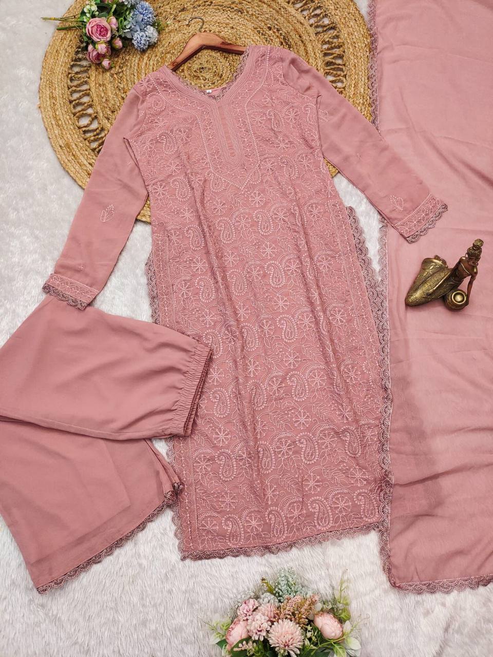 Ramani Peach Georgette Chikankari Embroidery Kurti Set