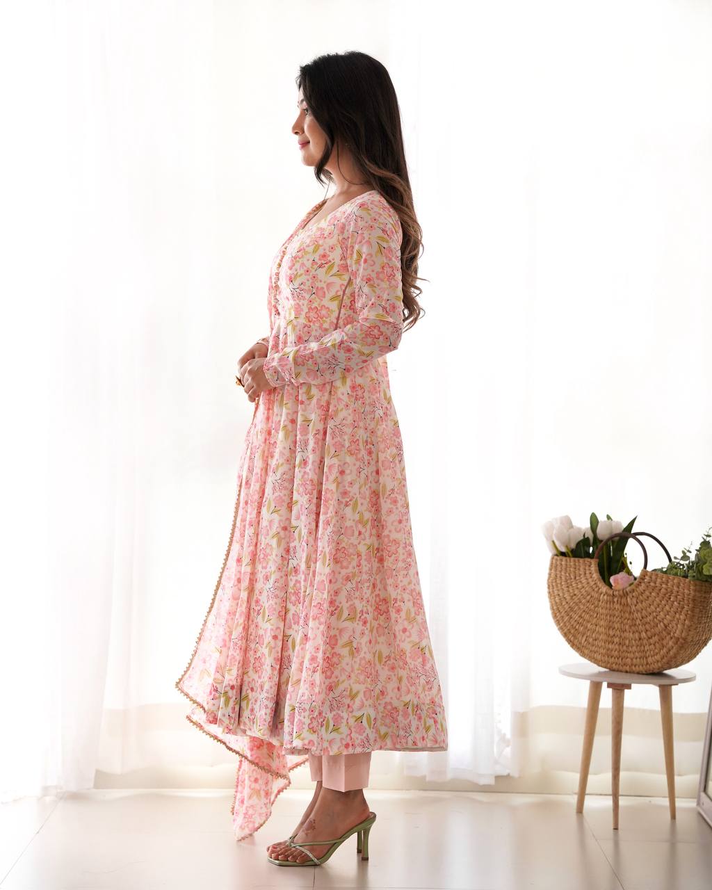 Pink Orange Chiffon Floral Print Anarkali Set with Dupatta