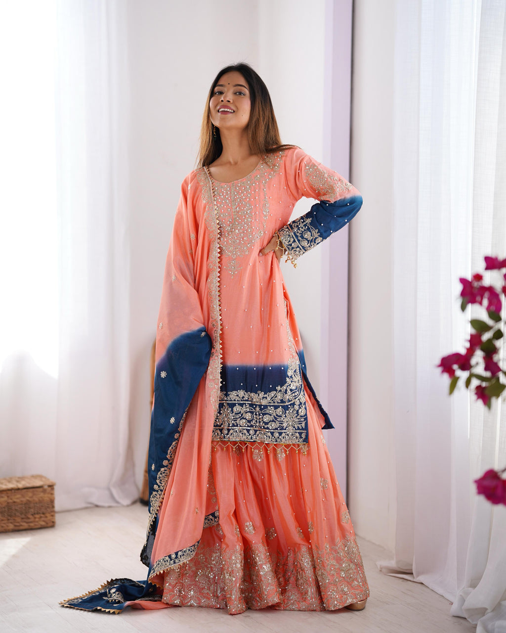 Manvisha Peach Embroidered Sharara Suit Set