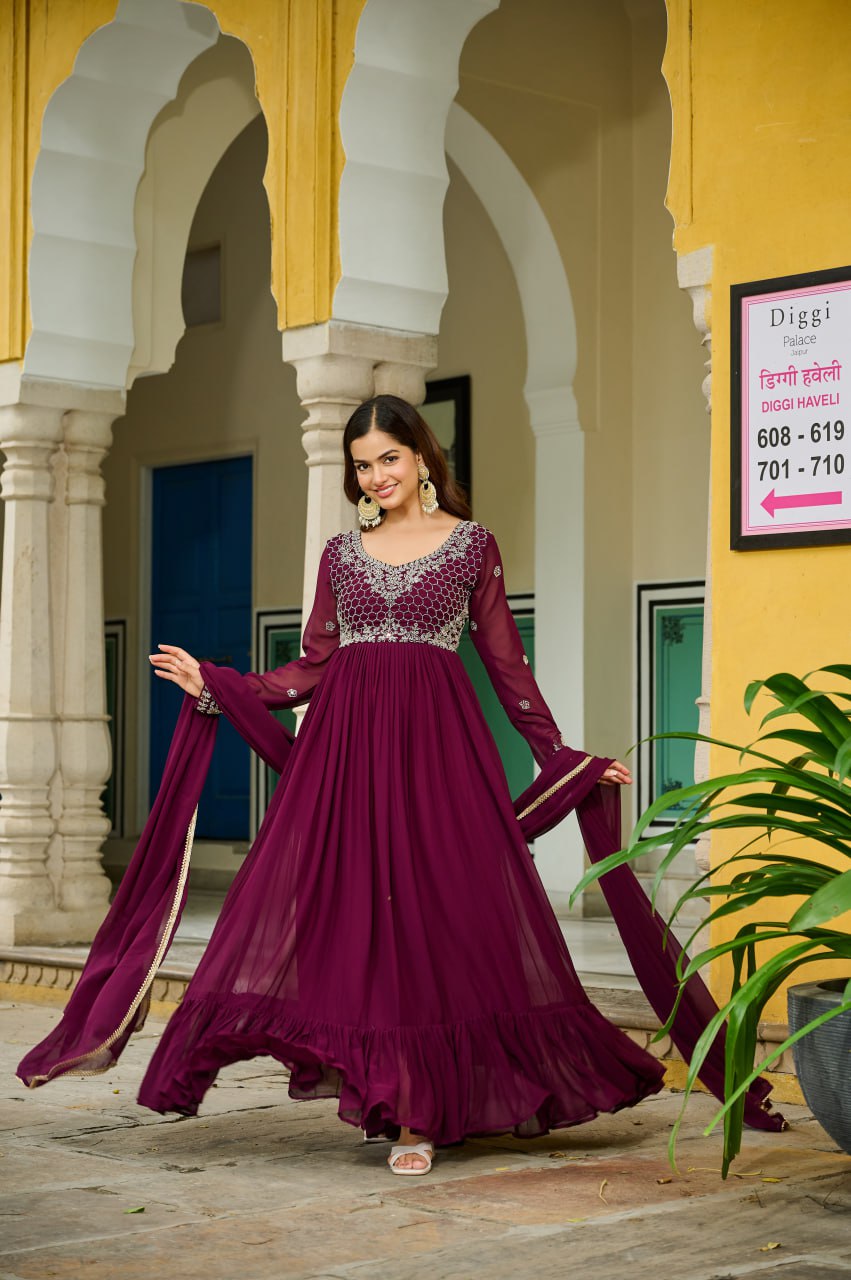 Wine Color Faux Blooming Beads Embroidered Gown with Dupatta