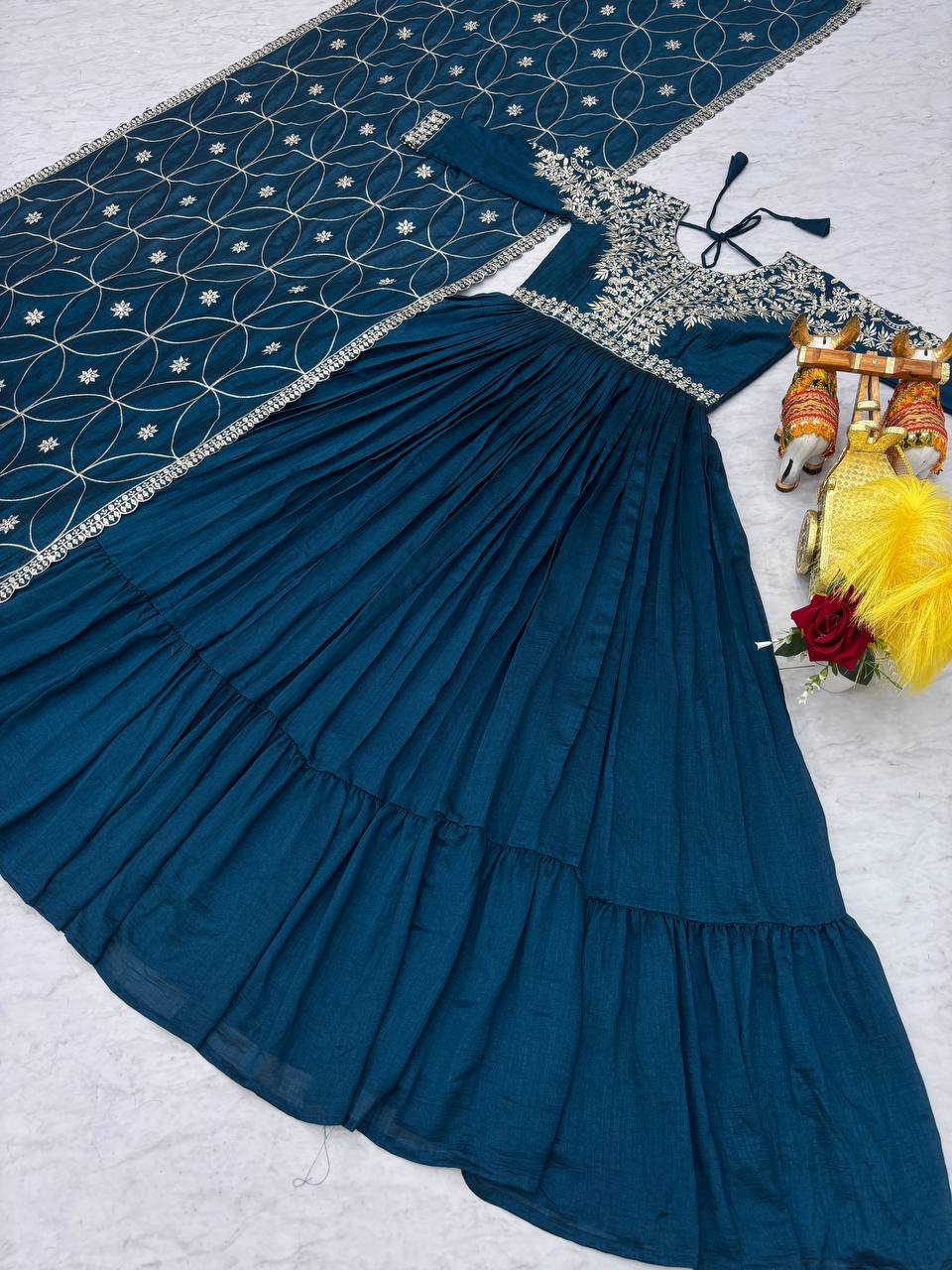Piya Teal Blue Color Vichitra Silk Sequins Embroidered Gown with Dupatta