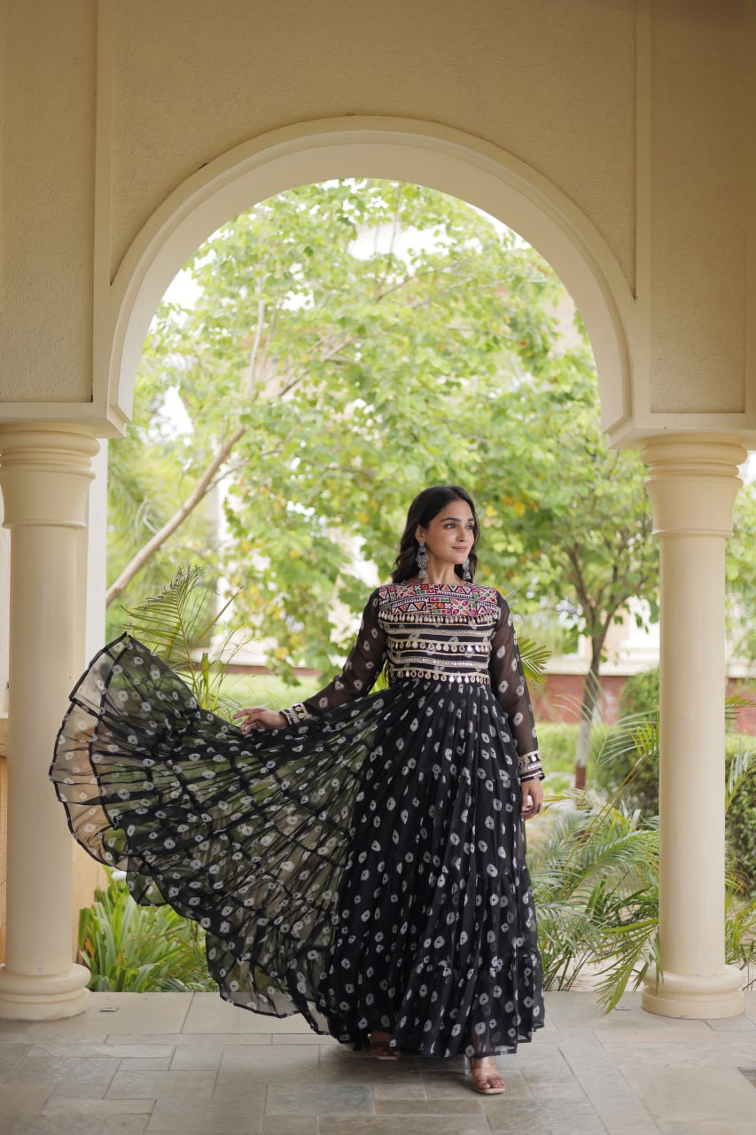Lavanya Black Faux Georgette Bandhani Kutchi Patchwork Gown