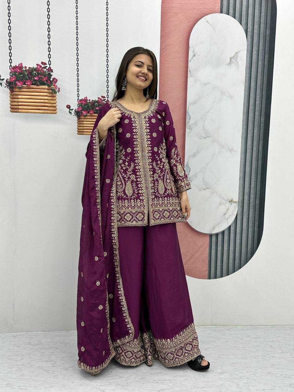 Enya Purple Color Chinon Embroidery Thread Sequence Work Kurti Palazzo Set