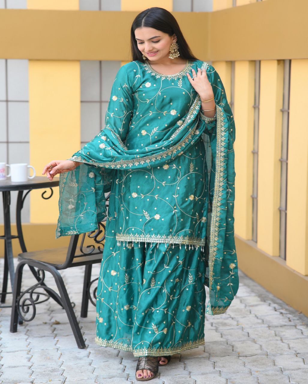 Keisha Teal Chinon Embroidered Kurti Sharara Set