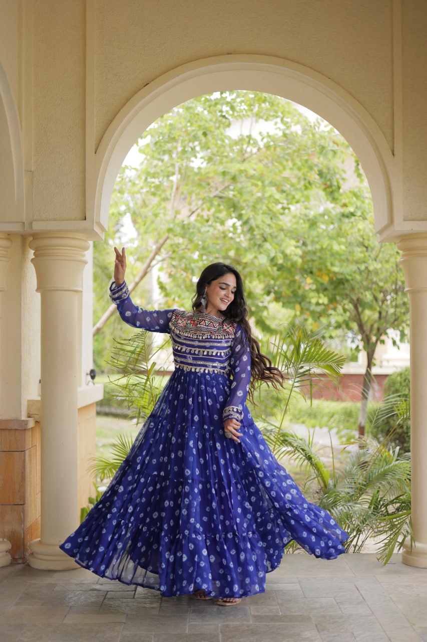 Lavanya Blue Faux Georgette Bandhani Kutchi Patchwork Gown