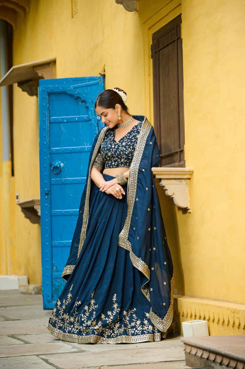 Teal blue Vichitra silk sequins embroidery lehenga choli with dupatta
