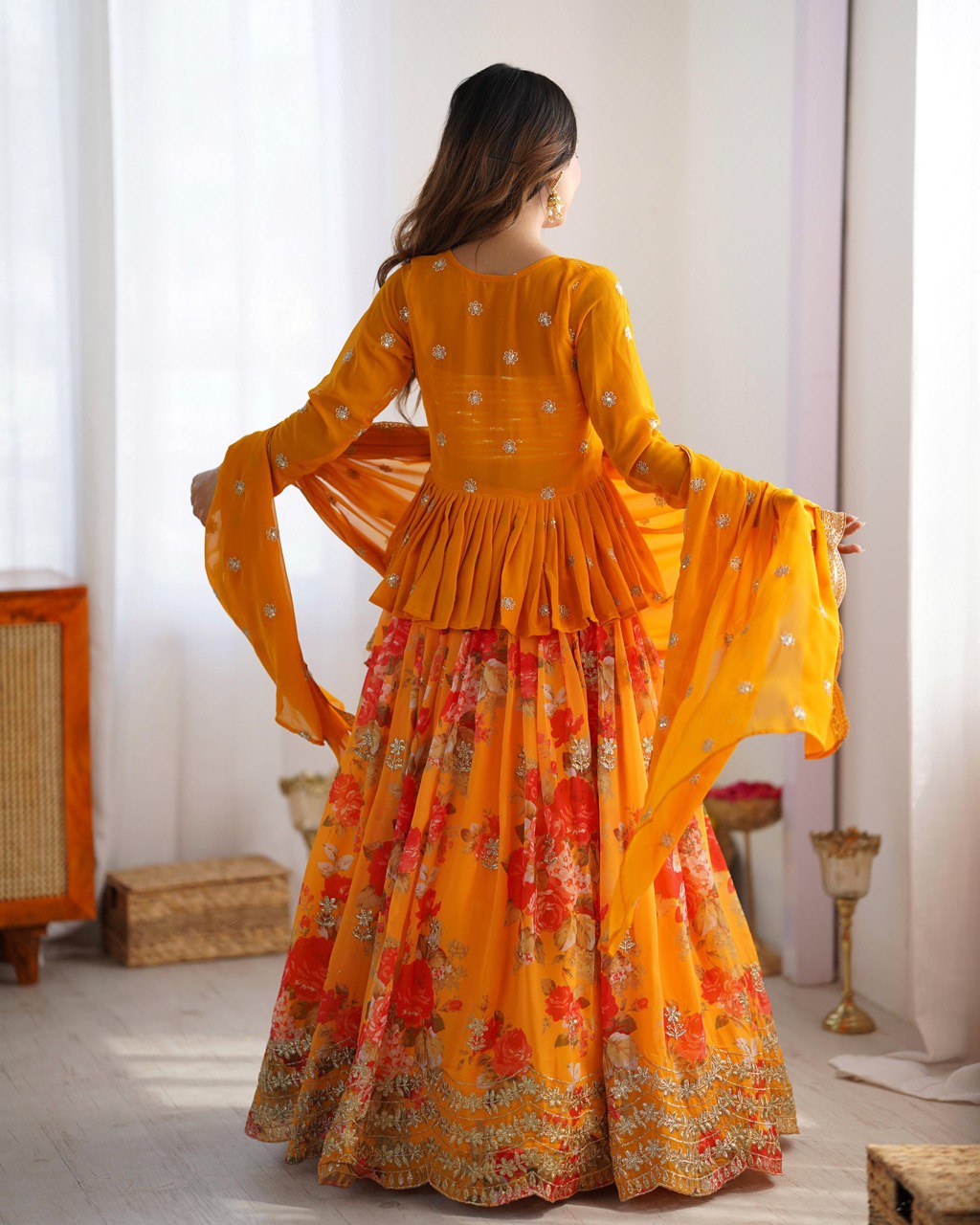 Yellow lehenga choli for Haldi, embroidered georgette lehenga with jacket, digital print lehenga, wedding lehenga set, Trinaari festive wear.