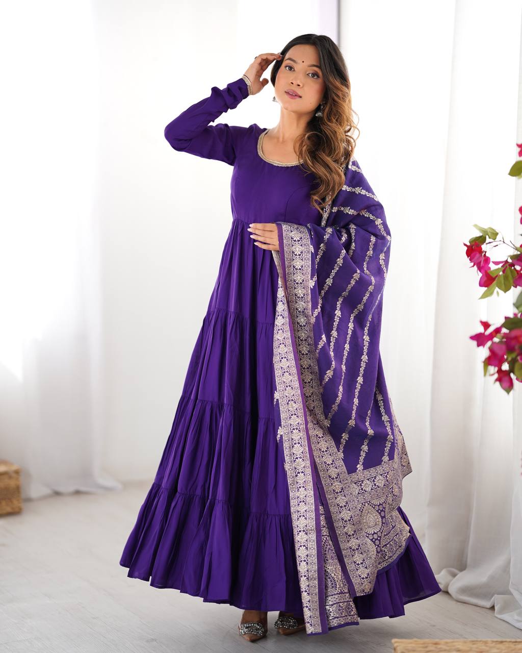 Ashika Roman Silk Flared Purple Anarkali Suit