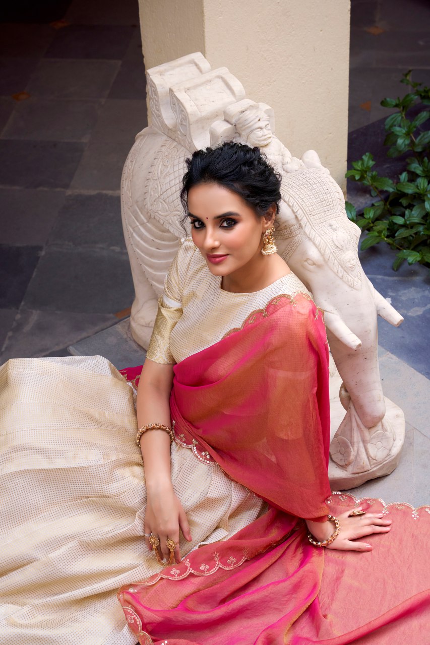 Off-white Jacquard Chex lehenga choli with intricate zari weaving, 4-meter flair, paired with shimmer dupatta featuring sequin and thread embroidery – perfect for weddings and festive celebrations.