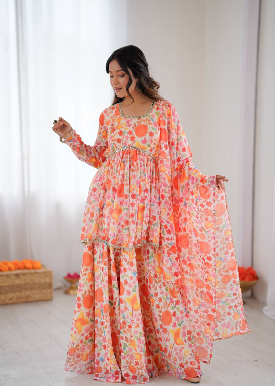 Orange pure soft taby organza floral print Kediya kurta set