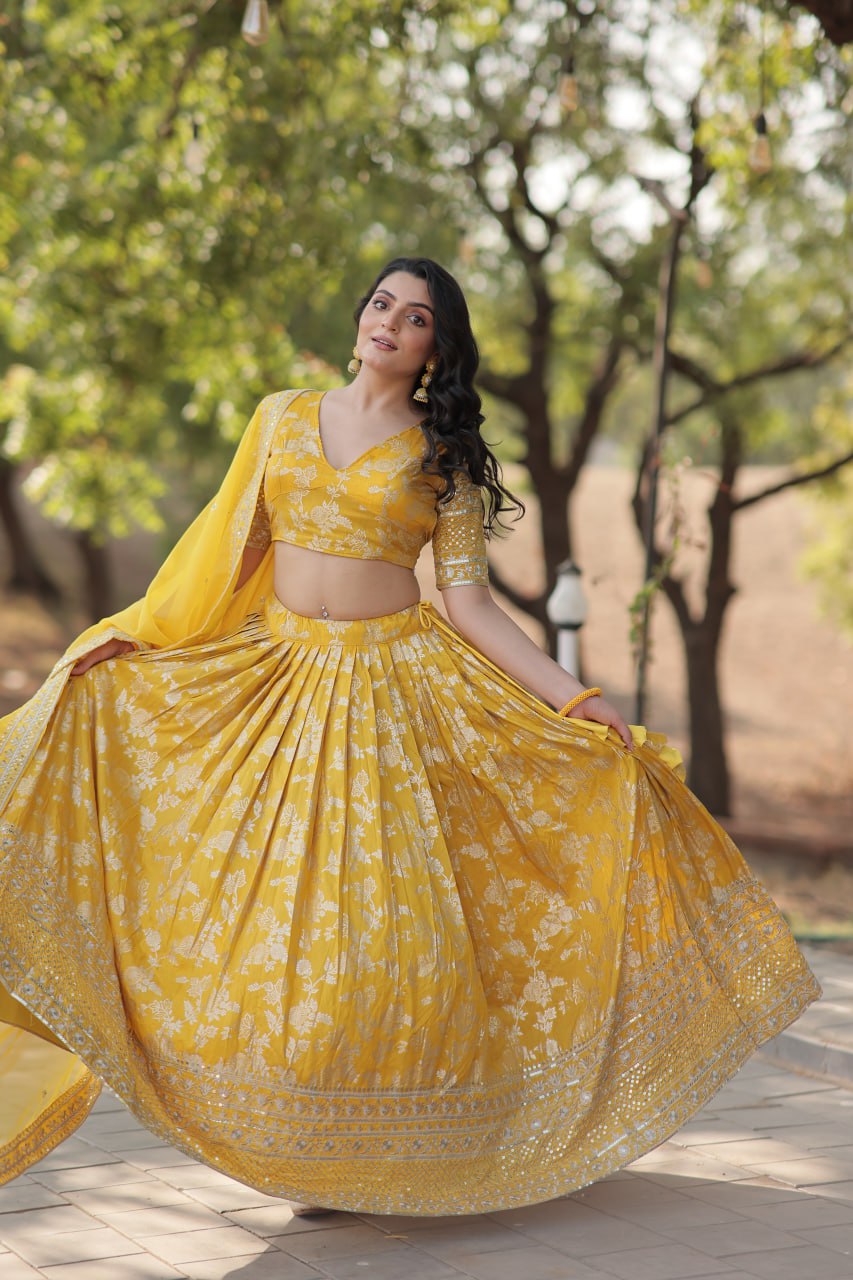 Pranshi yellow viscose jacquard lehenga choli set