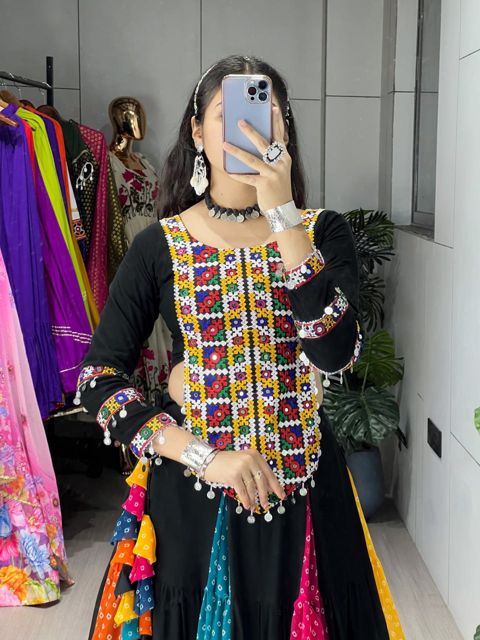Black multicolor rayon cotton Bandhani print Kutchi mirror work top lehenga