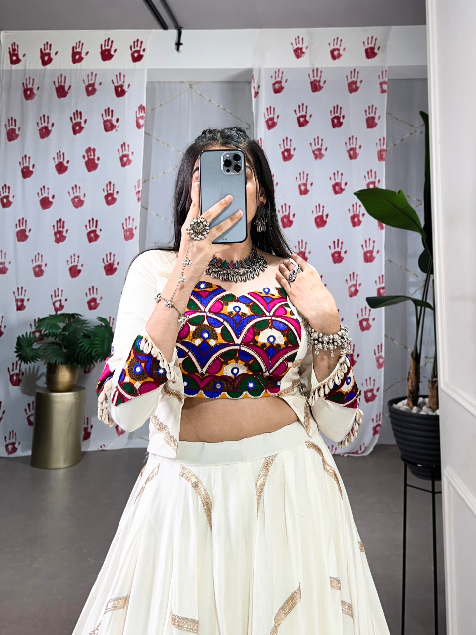 Off White Pure Rayon Mirror Gamthi Sequins Work Lehenga Choli