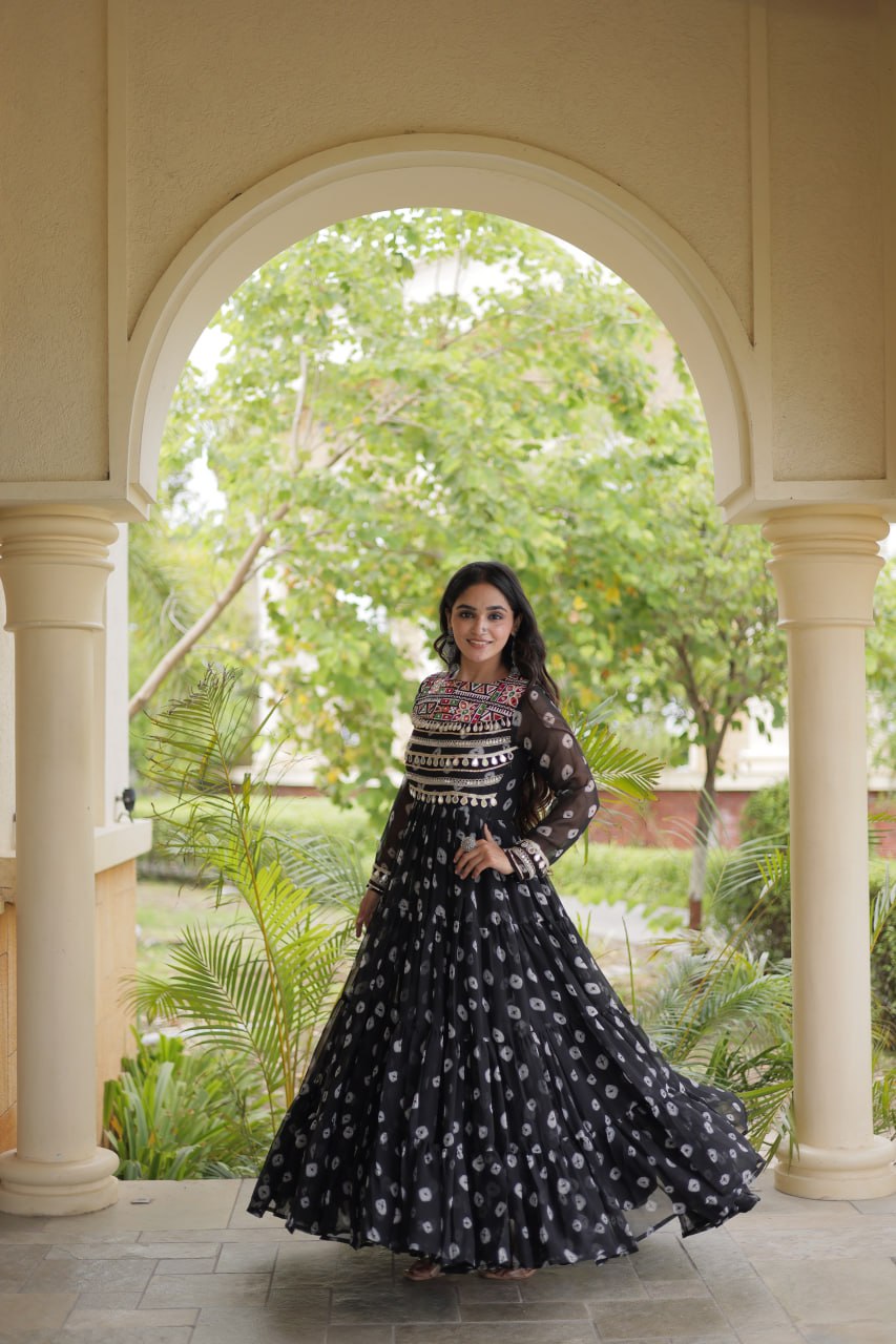 Lavanya Black Faux Georgette Bandhani Kutchi Patchwork Gown