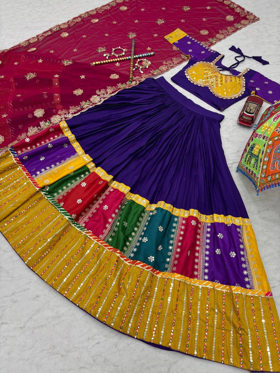 Purple Pure Cotton Embroidered Sequins Work Lehenga Choli with Dupatta