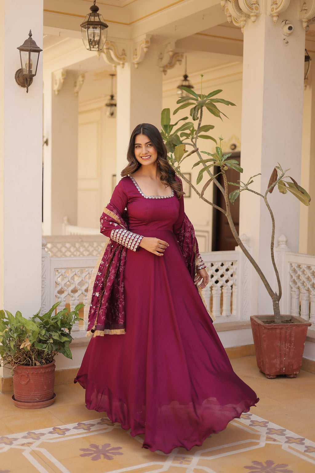Aparajita Magenta Vichitra Silk Anarkali Gown Set