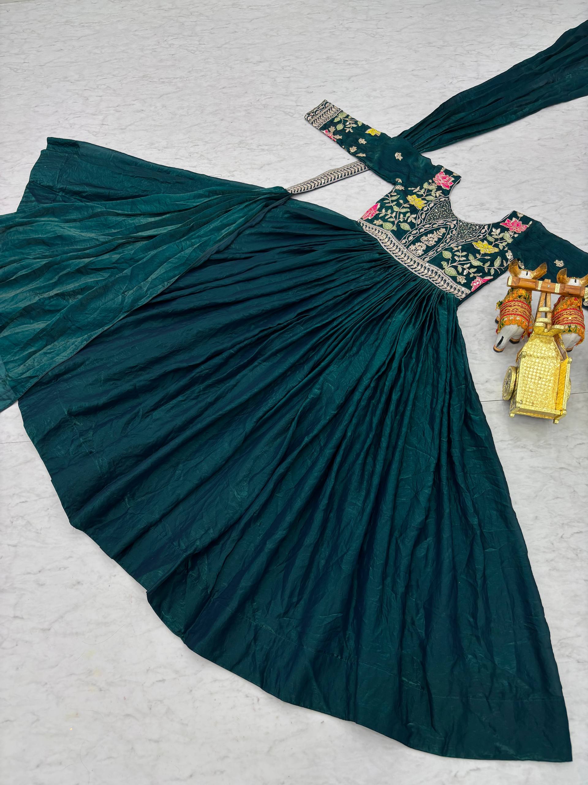 Dipa Teal Blue Color Fendy Silk Embroidery Sequins Thread Work Gown with Dupatta