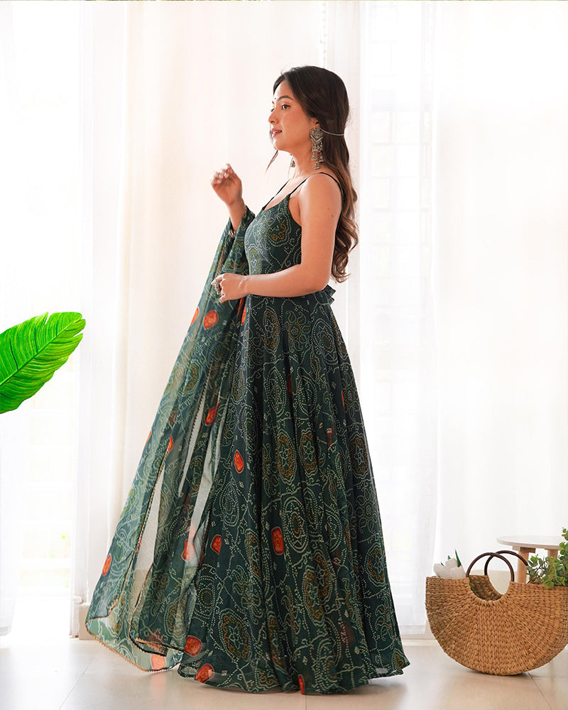 Manmayi green bandhani printed anarkali gown set