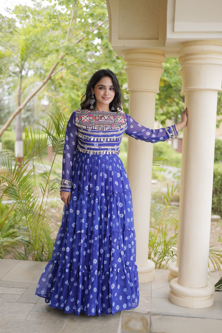 Lavanya Blue Faux Georgette Bandhani Kutchi Patchwork Gown