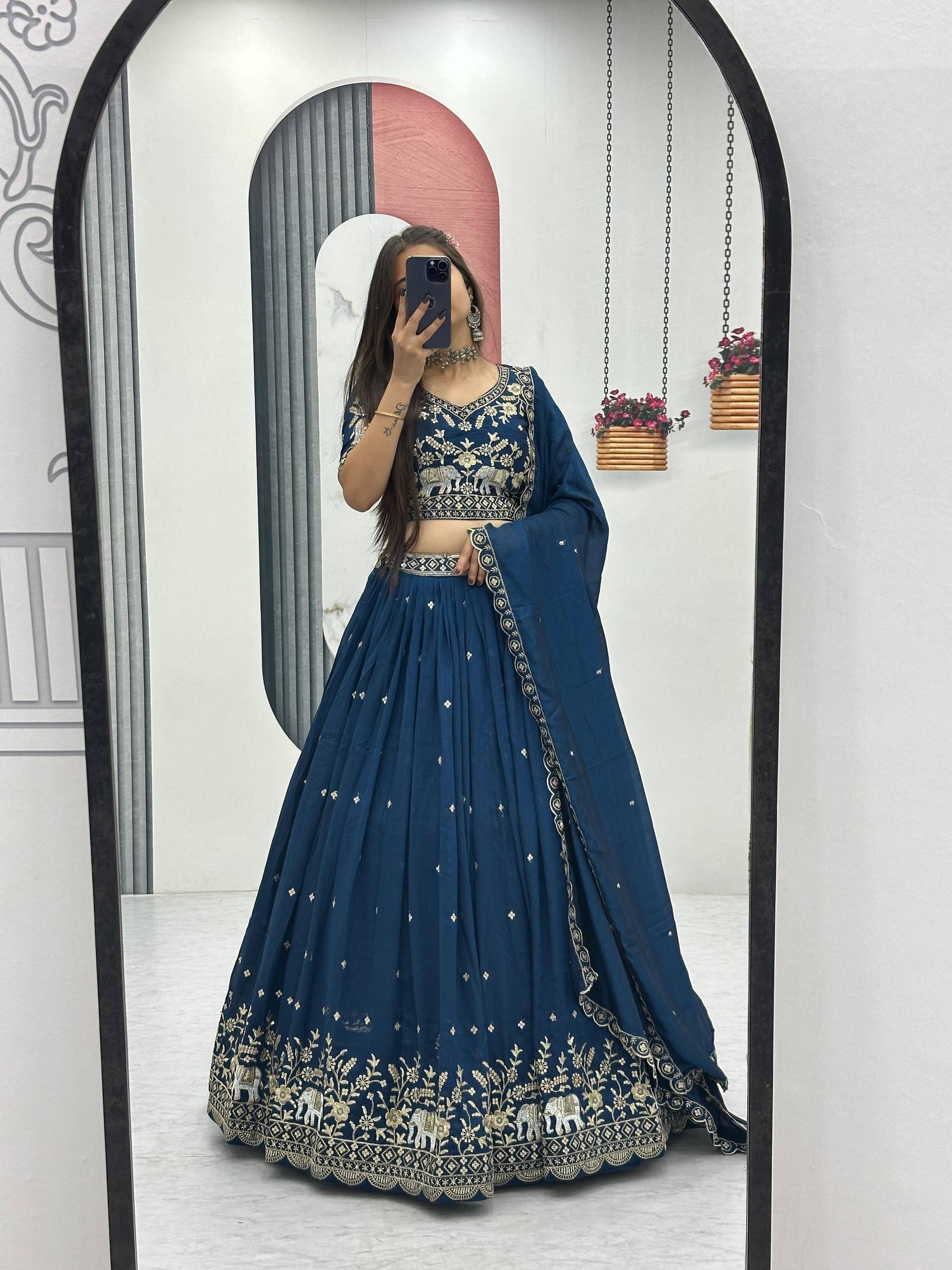 Gopi Teal Blue Vichitra Silk Embroidery Sequins Thread Work Lehenga Choli