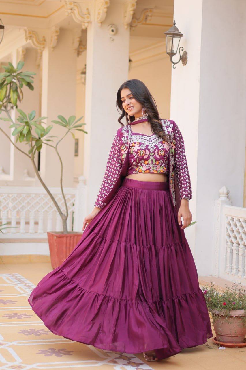 Maanvi purple festive wear embroidered lehenga choli with koti