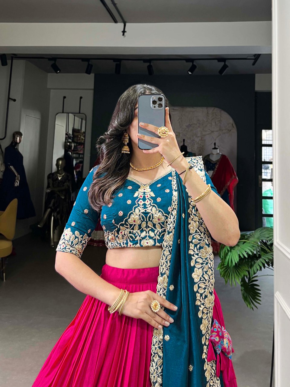 Pink Tussar Silk Lehenga with Foil Print and Embroidered Dupatta
