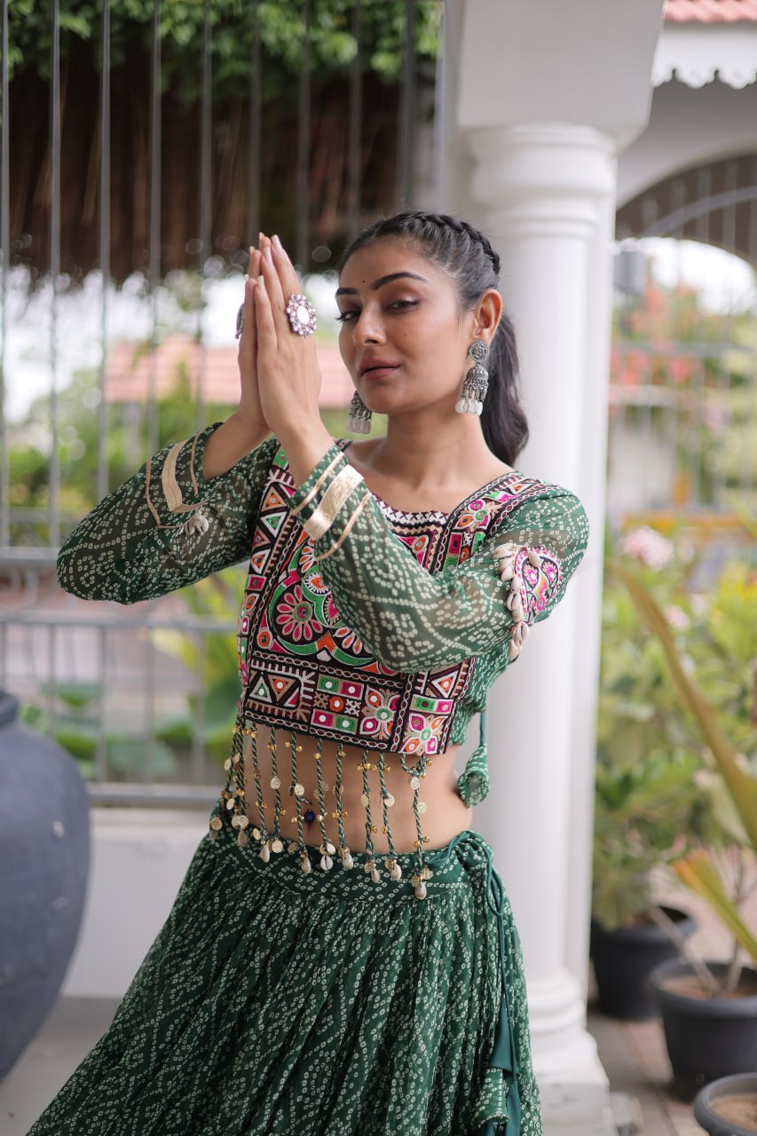 Anjali Green Faux Georgette Bandhani Kutchi Patchework Lehenga