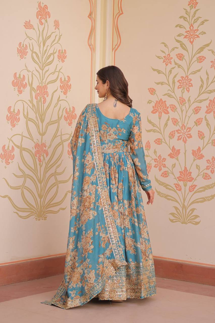 Teal Blue Russian Silk Print Embroidered Sequins Work Gown with Dupatta