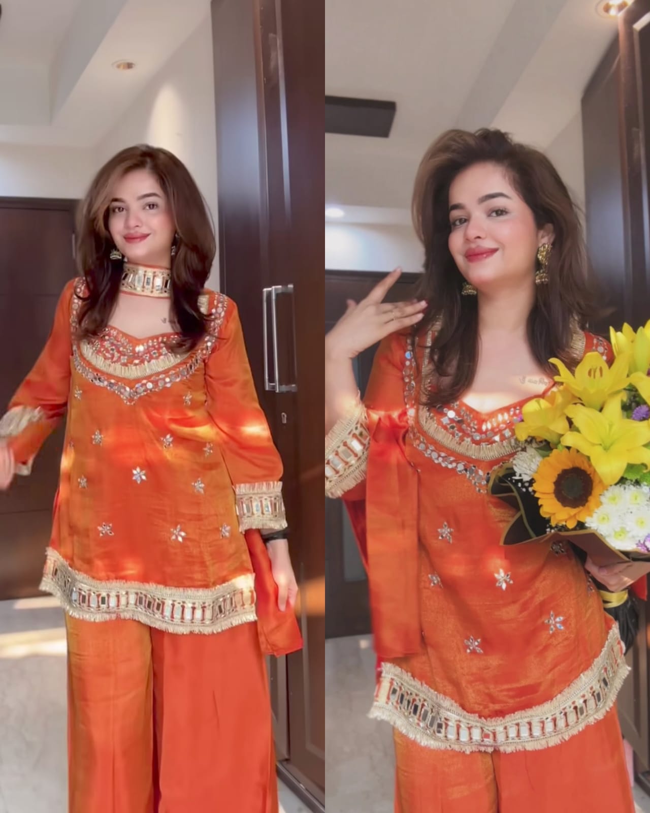 Suhani Orange Fendy Silk Real Mirror Work with Lace Border Kurti Sharara Set