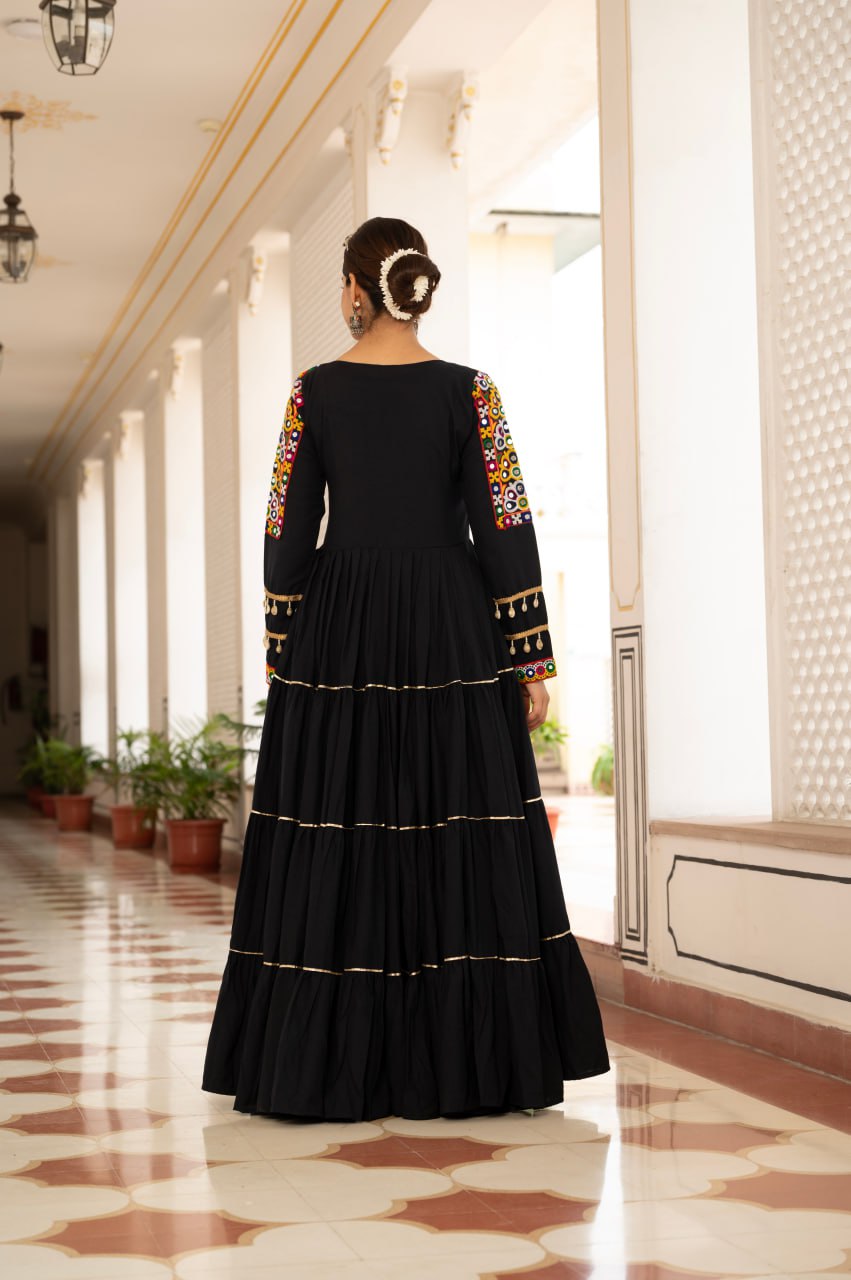 Black Kora Cotton Kutchi Gamthi Mirror Work and Kodi Lace Gown
