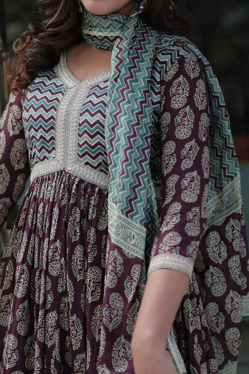 Brown printed pure cotton kurti set for women, lightweight kurti with pant and dupatta, daily wear cotton kurti set, breathable cotton ethnic wear for summer, stylish printed kurta set for casual and office wear, Indian cotton kurti pant set online, elegant brown ethnic suit for women, pure cotton kurti set with traditional print.