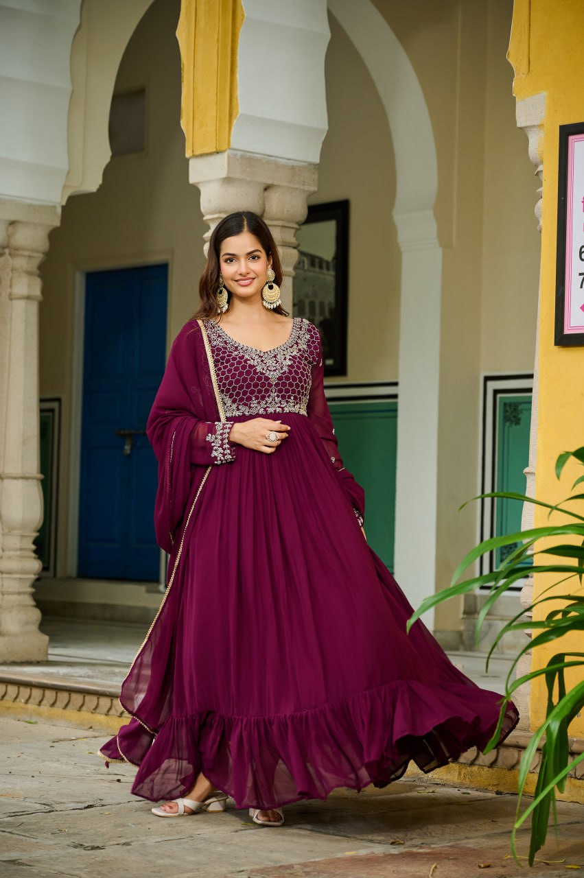 Wine Color Faux Blooming Beads Embroidered Gown with Dupatta