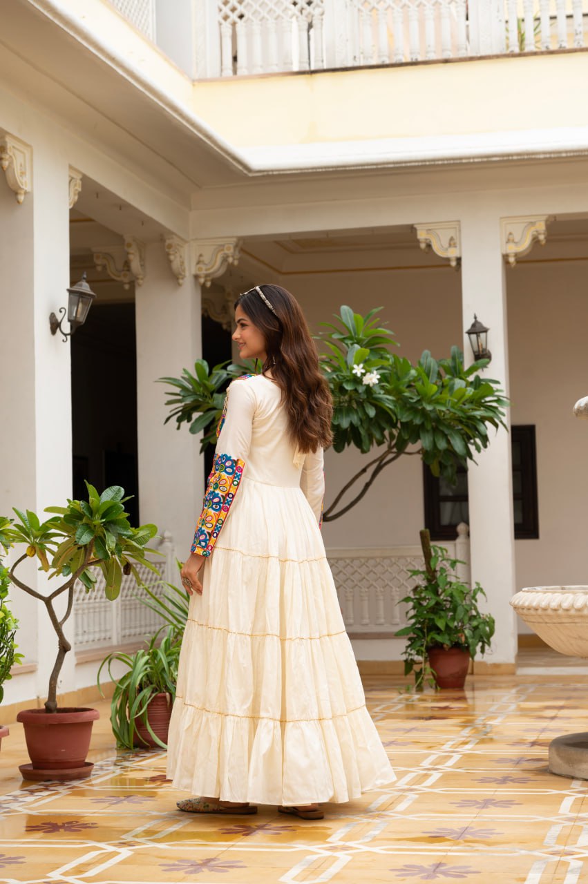 Off-White Kora Cotton Kutchi Gamthi Mirror Work and Kodi Lace Gown