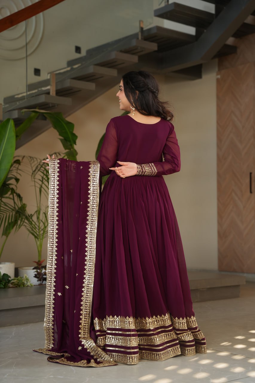 Sampriti Wine Faux Blooming Embroidered Gown