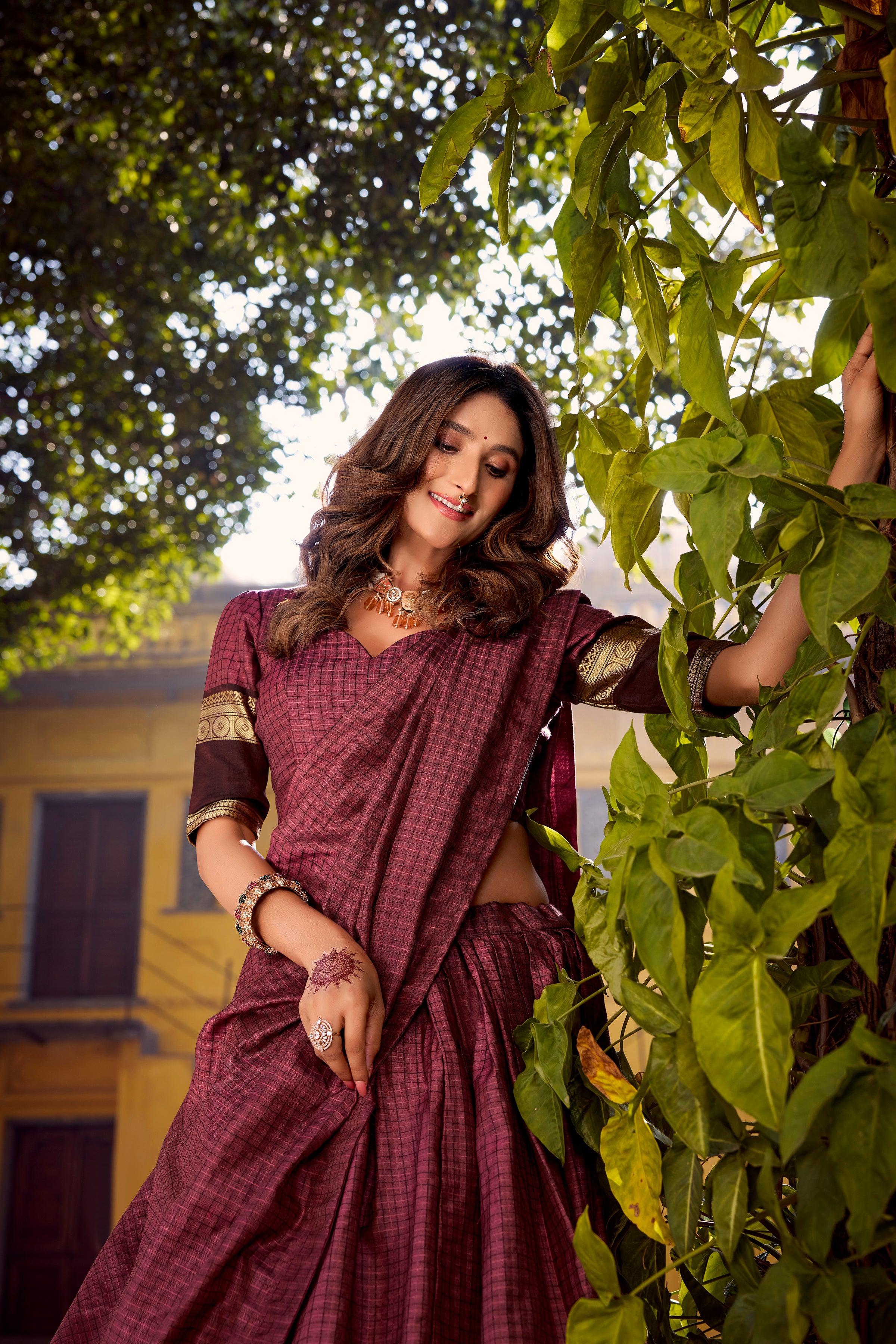 Rimi Mulberry Color Chettinad Cotton Chex With Zari Weaving Work Half-Saree Lehenga