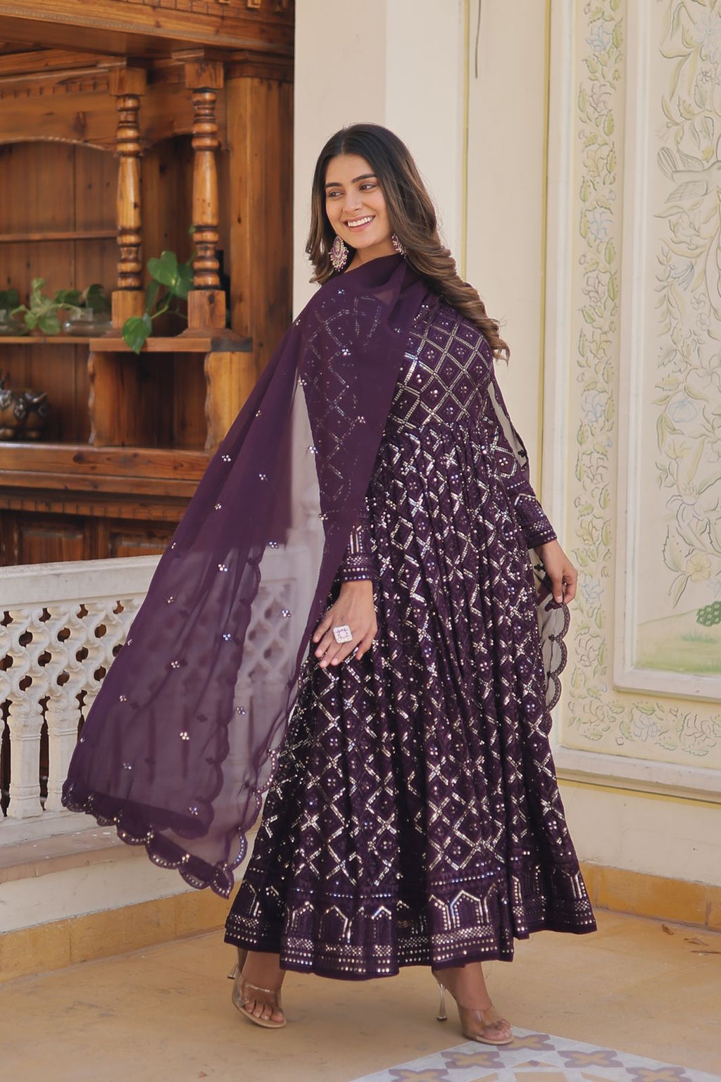 Royal purple blossom floral gown with dupatta