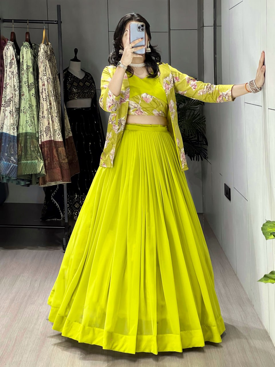 Alka Neon Yellow Color Georgette Foil Printed Lehenga Choli with Koti