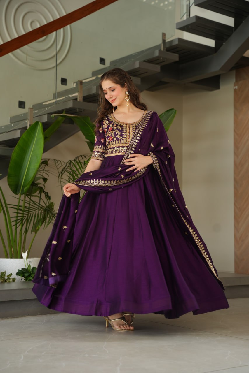 Aadishri Purple Silk Sequins Embroidered Gown
