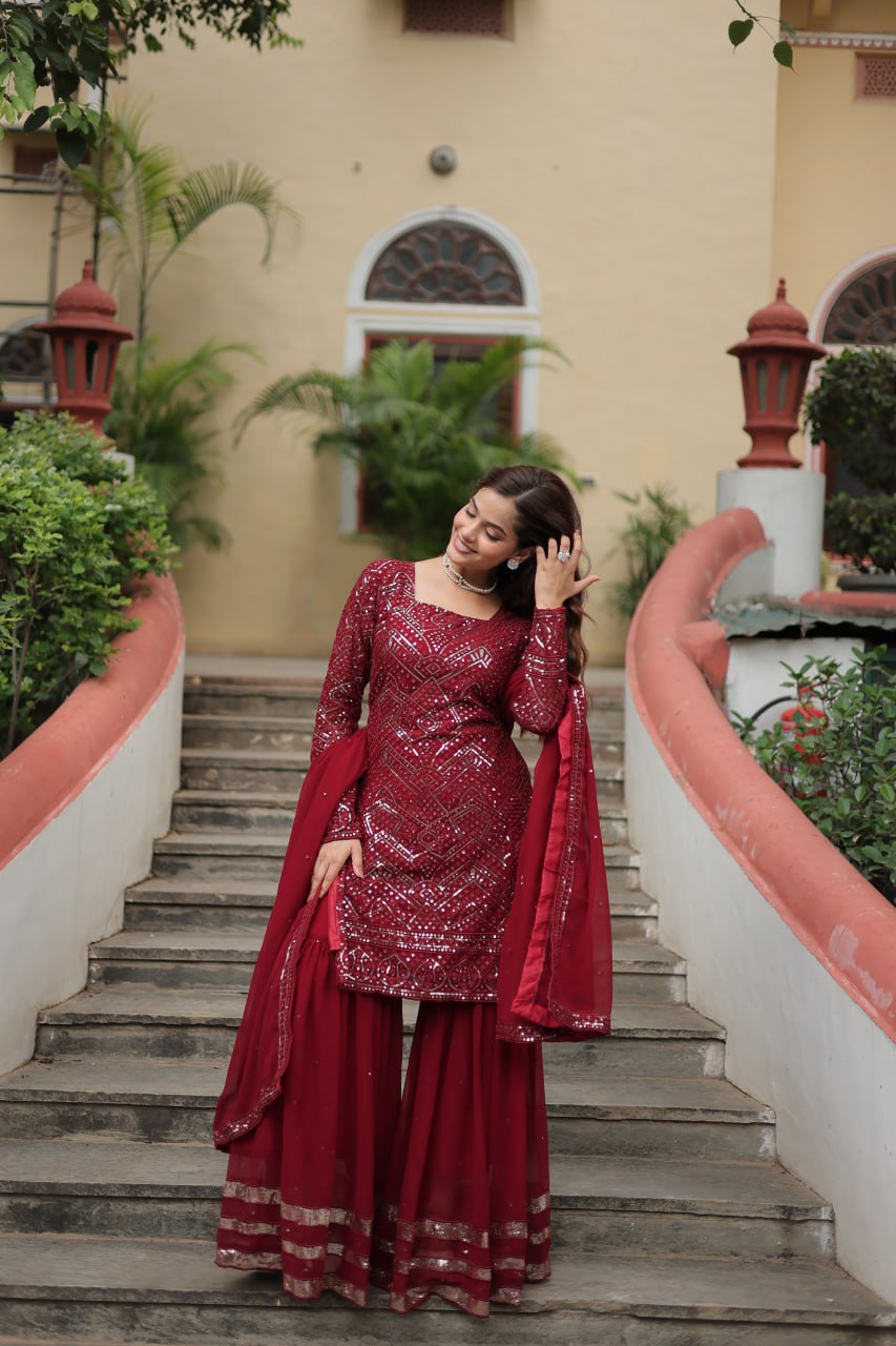 Lavya Maroon Georgette Embroidered Kurti Sharara Set