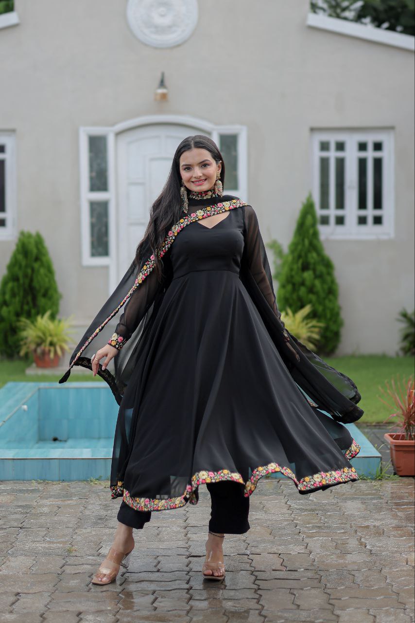 Sathvika Black Georgette Embroidered Anarkali Suit Set