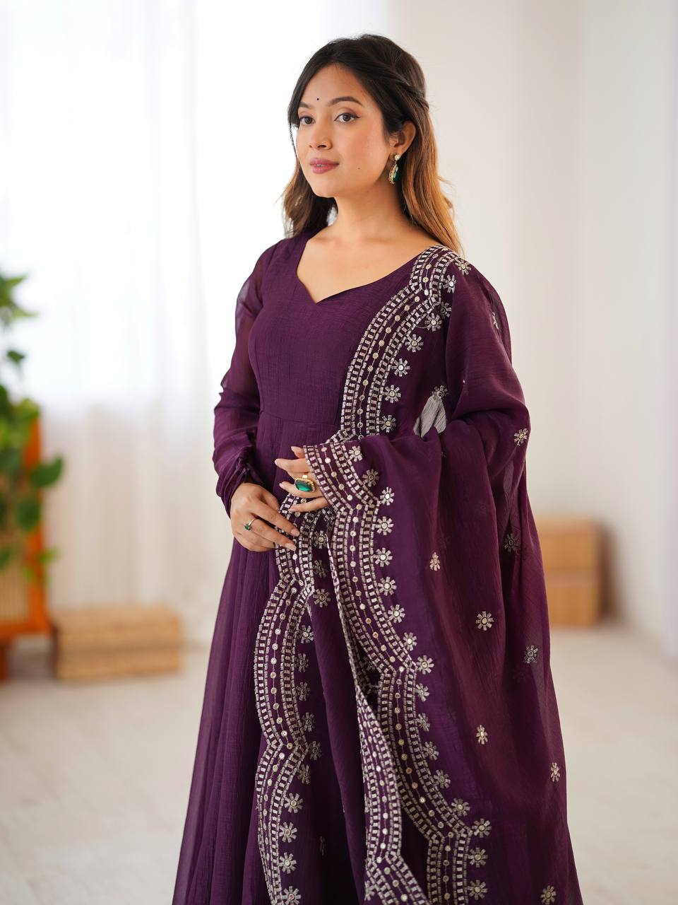 Tiya purple Fandy Silk Anarkali suit with 4.5-meter flair, full sleeves & embroidered dupatta – stitched & ready for weddings, parties & festive wear.