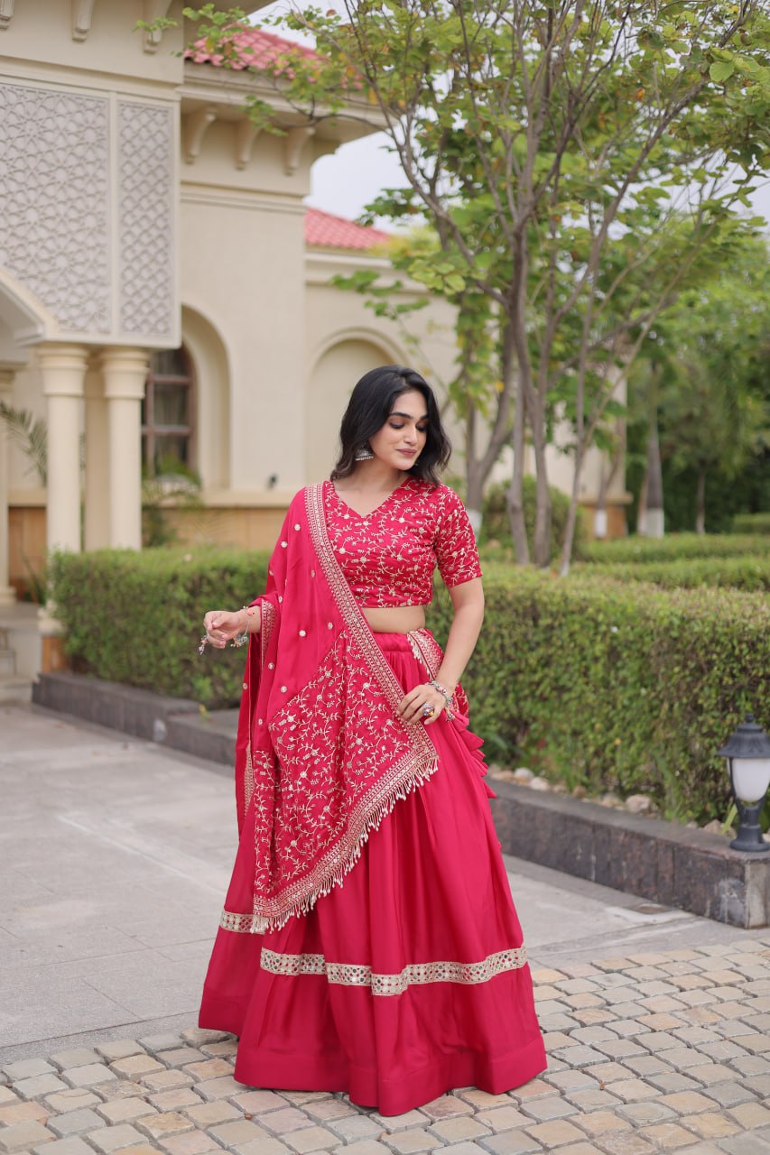 Subhadra Pink Glory Satin Embroidery Zari Sequins Lehenga