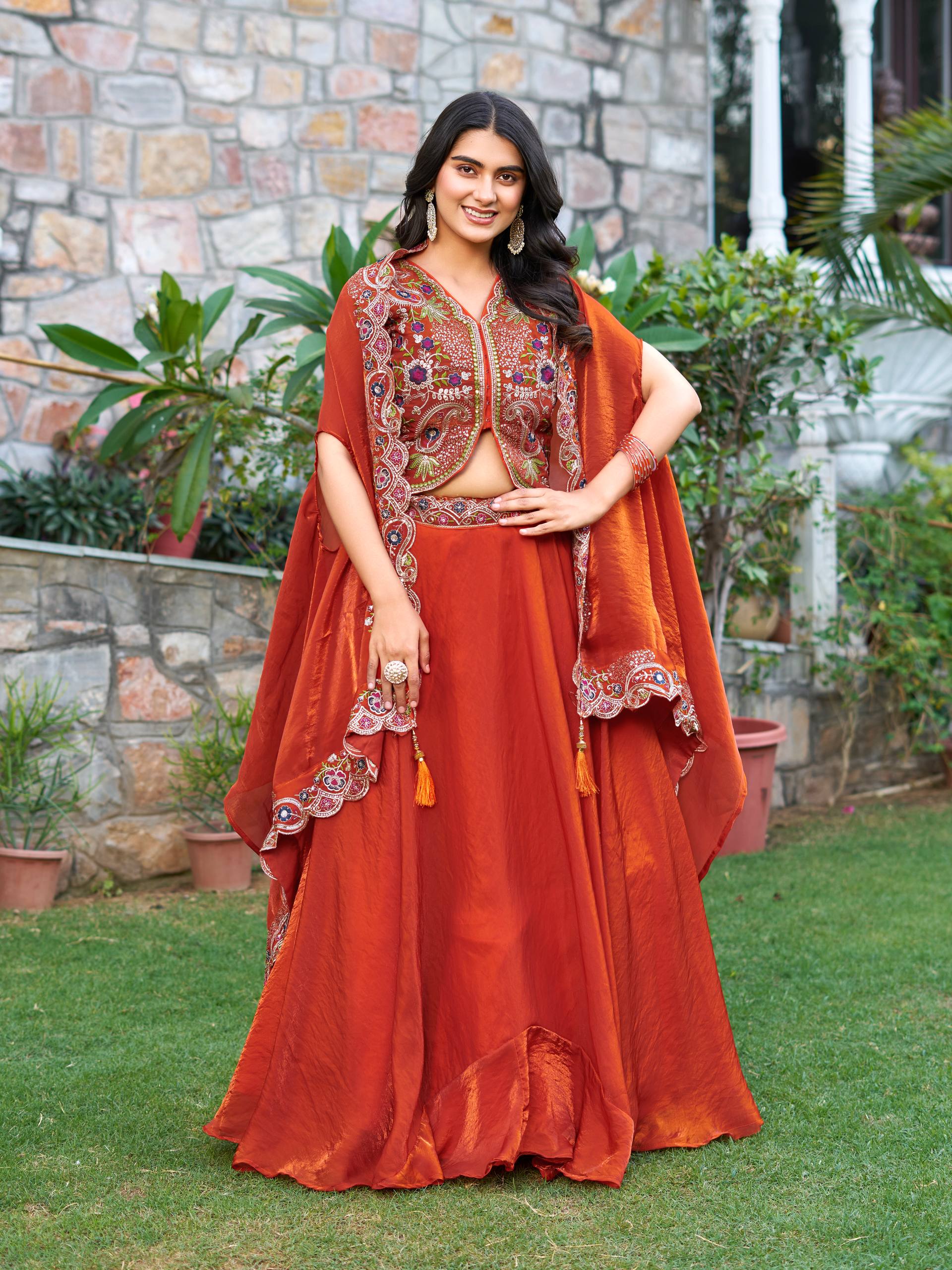Orange festive wear Fendy silk lehenga choli with embroidery