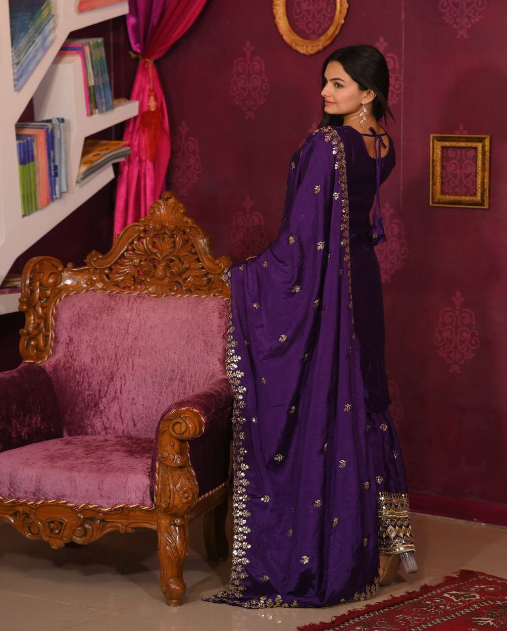 Svara Purple Chinon Embroidered Kurti Sharara Set
