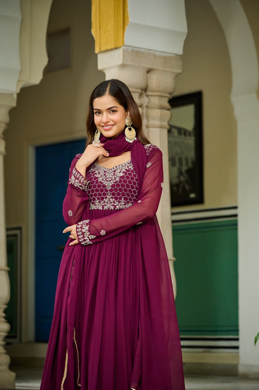 Wine Color Faux Blooming Beads Embroidered Gown with Dupatta