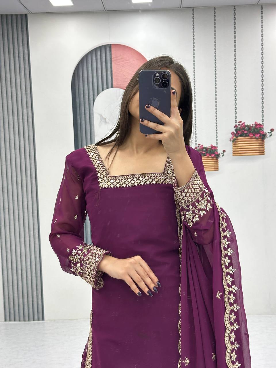 Aroa Purple Color Fox Georgette Embroidery Sequence Work Kurti Palazzo Set