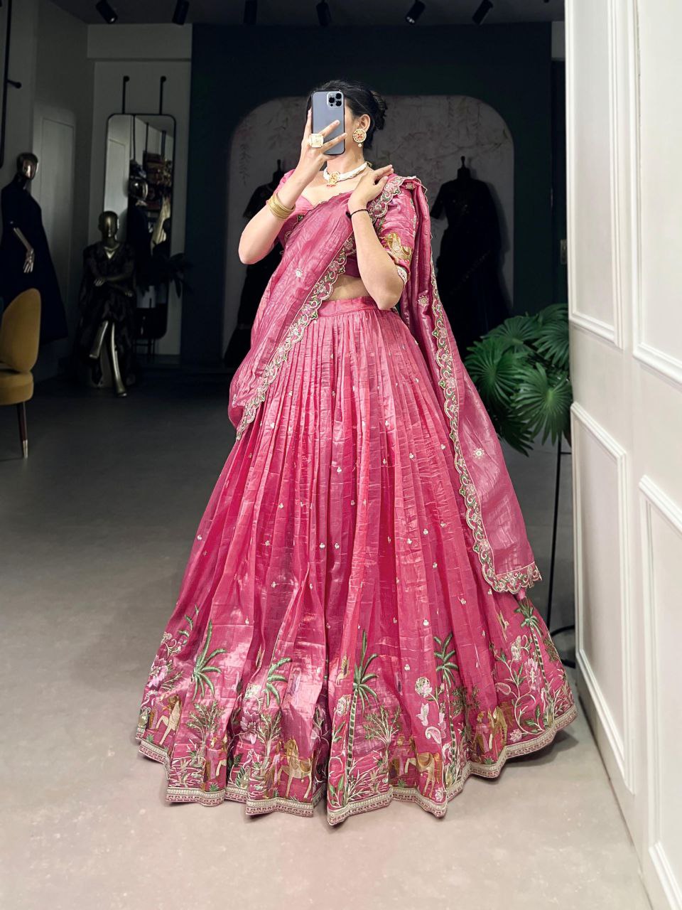 Pink gold crush sequins thread embroidery work lehenga choli