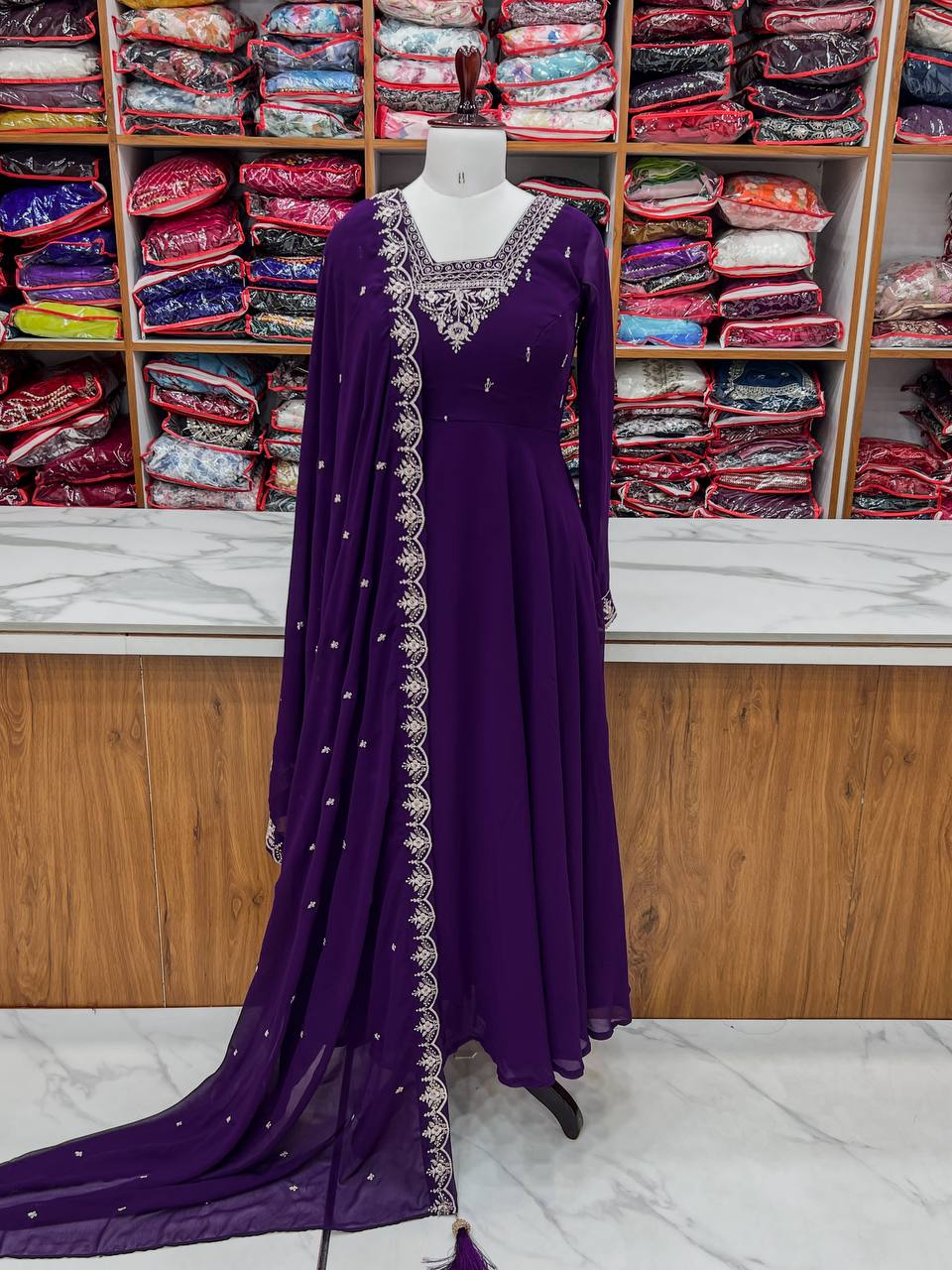 Purple Anarkali suit in soft Fox Georgette with 6.5-meter flair, zari & beads embroidery, lace sleeves & dupatta – stitched & ready-to-wear.