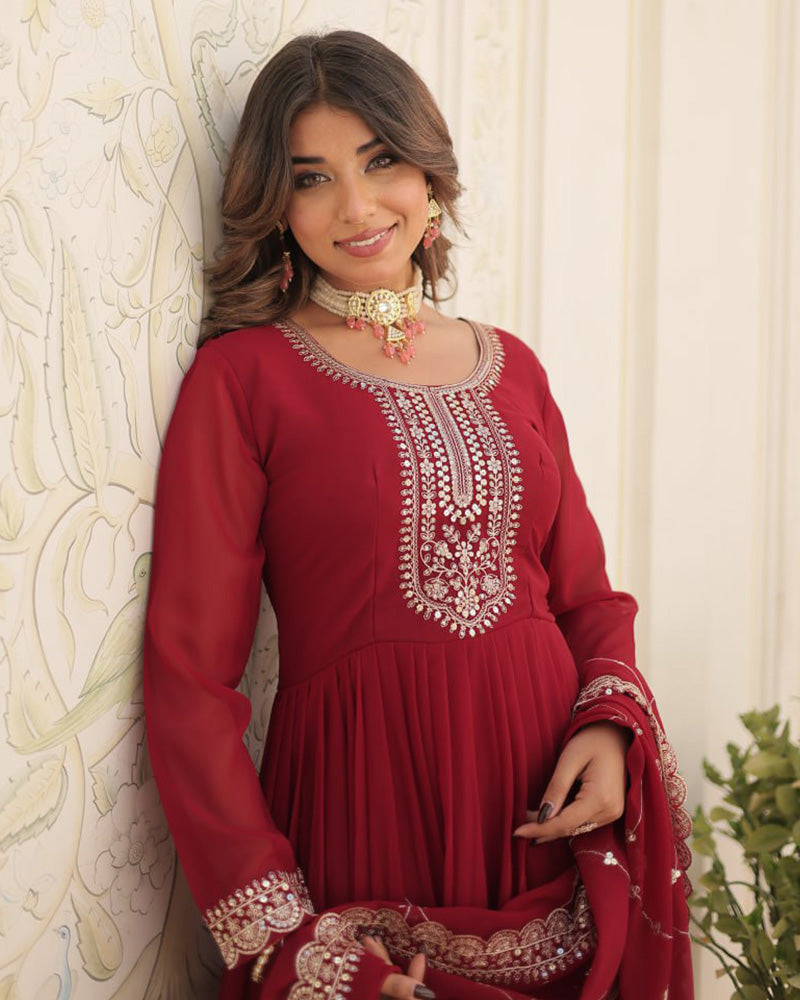 Vasundhara faux blooming red anarkali gown suit set